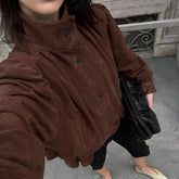 LIZAKOSHT  -  Elegant Fashion Brown Stand Collar Jackets Street Chic Single-Breasted Coat for Woman Gray Outerwear 2025 Autumn Long Sleeve Top